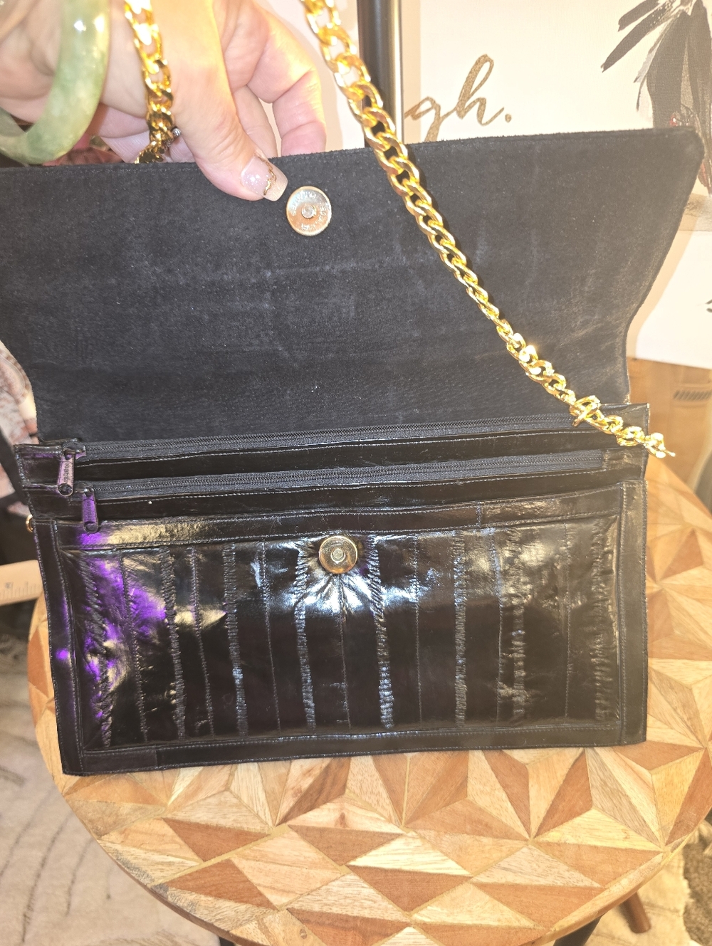Victory Black Quilted Chain-Handle Shoulder Bag/Clutch 100% Eel Skin - Picture 7 of 14